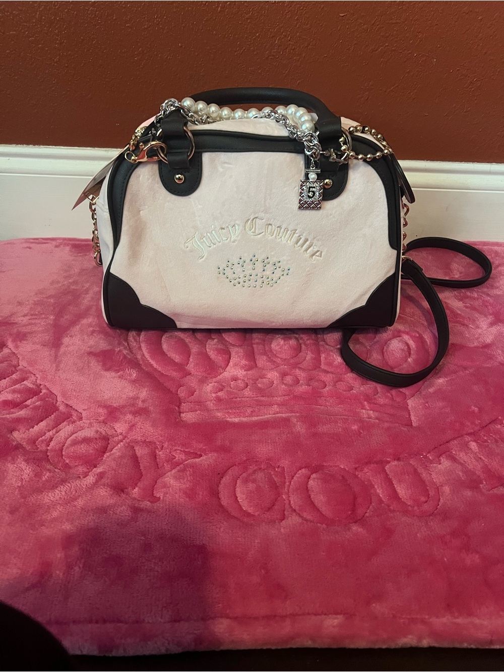 Juicy Couture Light Pink and Black Pearl-Accent Dome Satchel